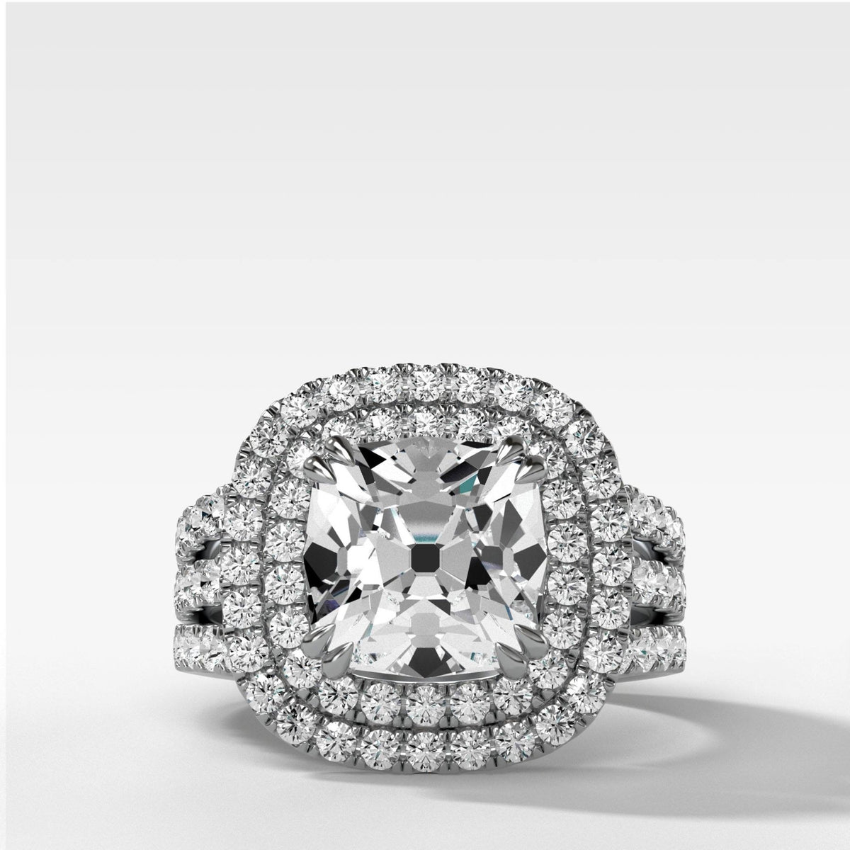 Double Halo Triple Shank Engagement Ring With Old Mine Cut Diamond - GOODSTONE