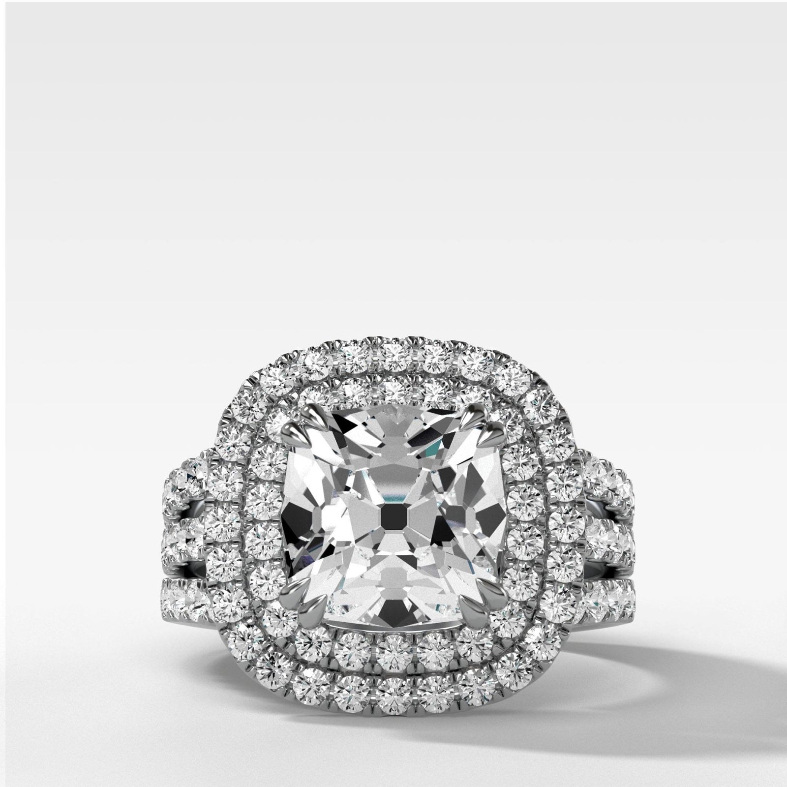 Double Halo Triple Shank Engagement Ring With Old Mine Cut Diamond - GOODSTONE