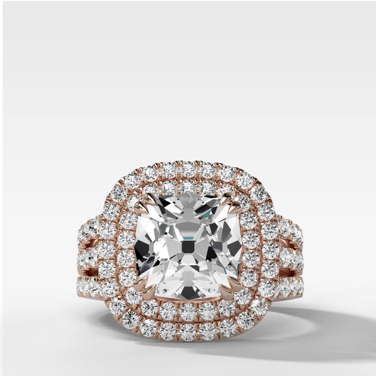 Double Halo Triple Shank Engagement Ring With Old Mine Cut Diamond - GOODSTONE