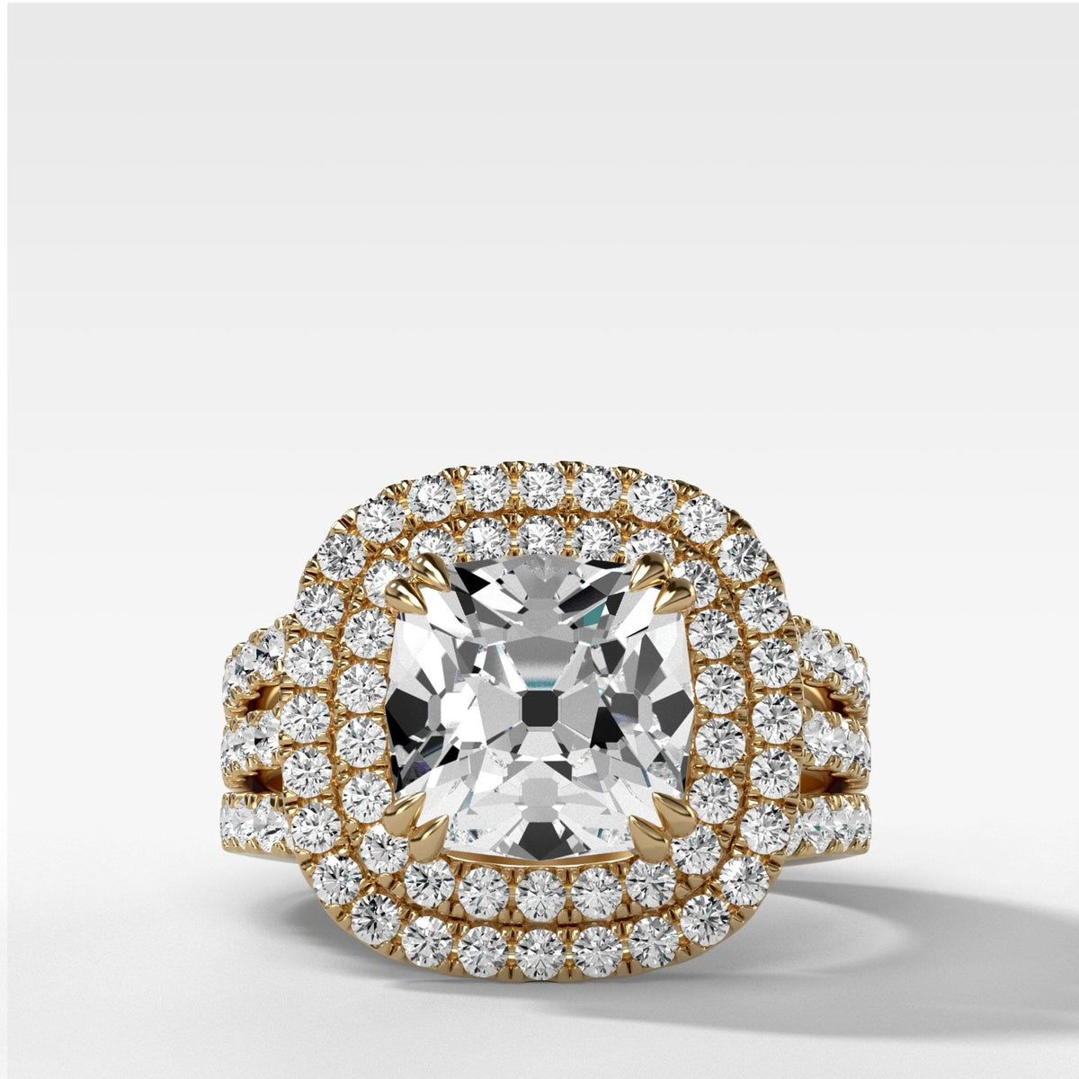 Double Halo Triple Shank Engagement Ring With Old Mine Cut Diamond - GOODSTONE