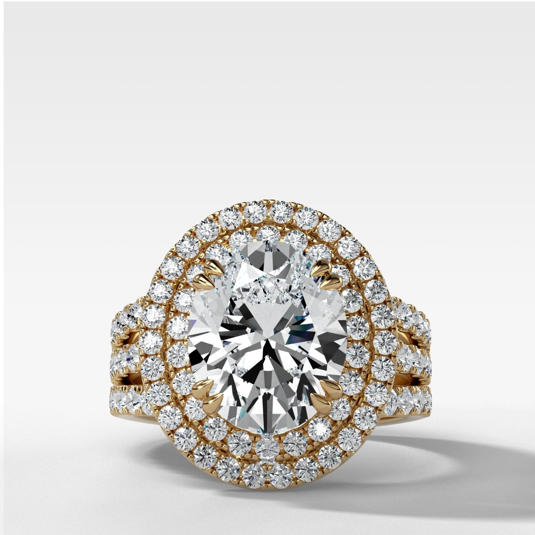 Double Halo Triple Shank Engagement Ring With Oval Cut Diamond - GOODSTONE