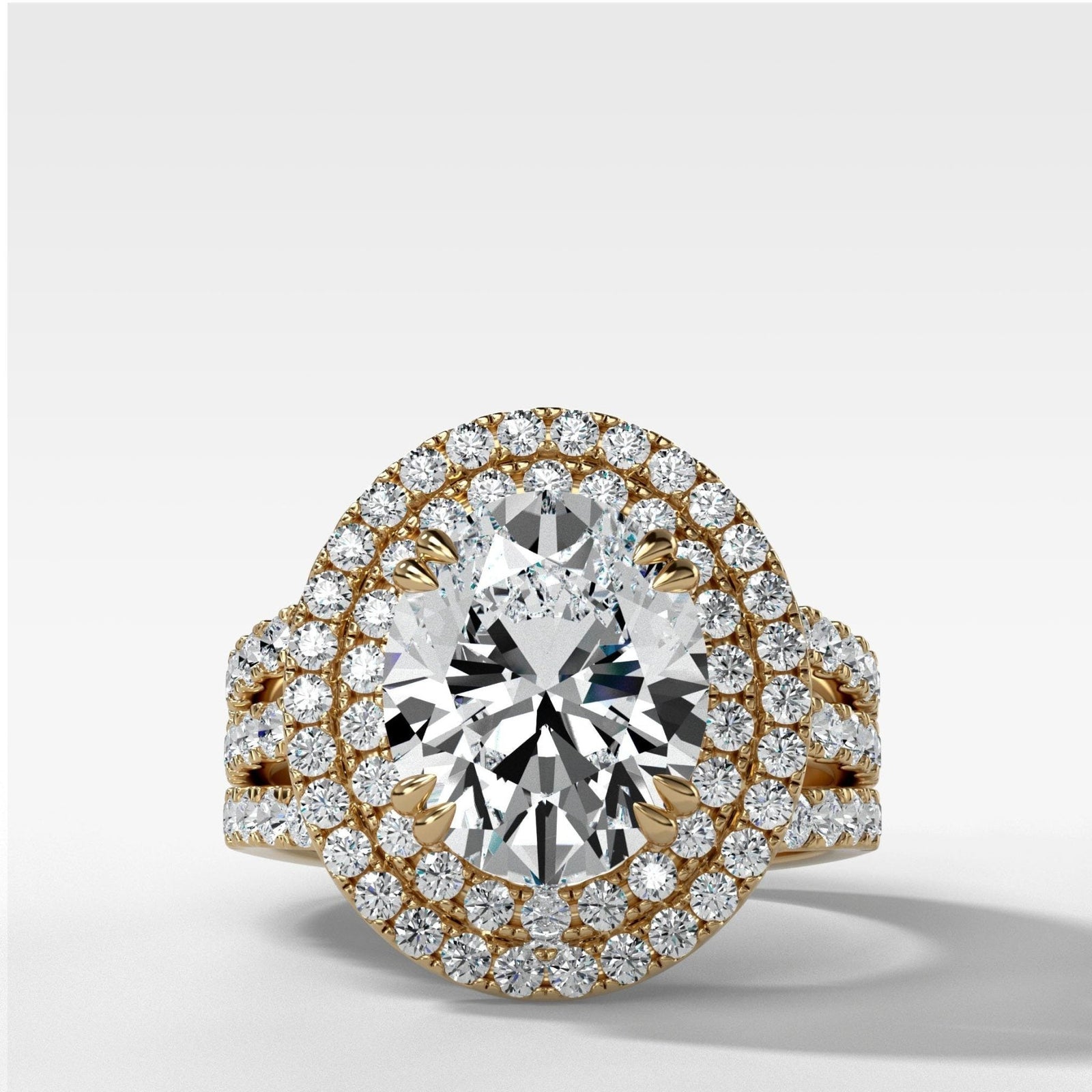 Double Halo Triple Shank Engagement Ring With Oval Cut Diamond - GOODSTONE