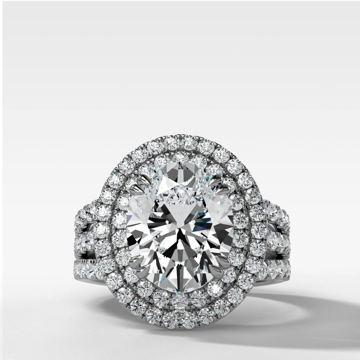 Double Halo Triple Shank Engagement Ring With Oval Cut Diamond - GOODSTONE
