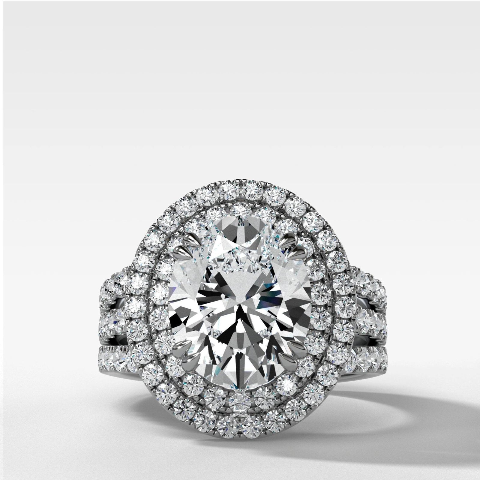 Double Halo Triple Shank Engagement Ring With Oval Cut Diamond - GOODSTONE