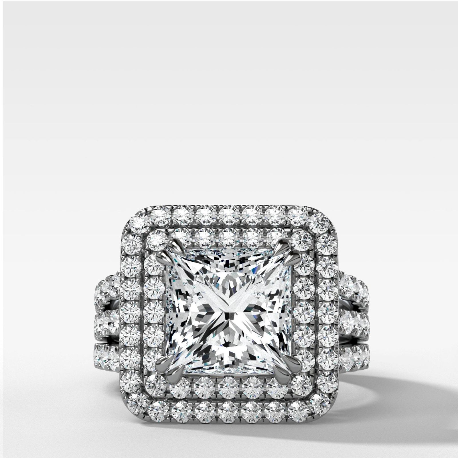 Double Halo Triple Shank Engagement Ring With Princess Cut Diamond - GOODSTONE