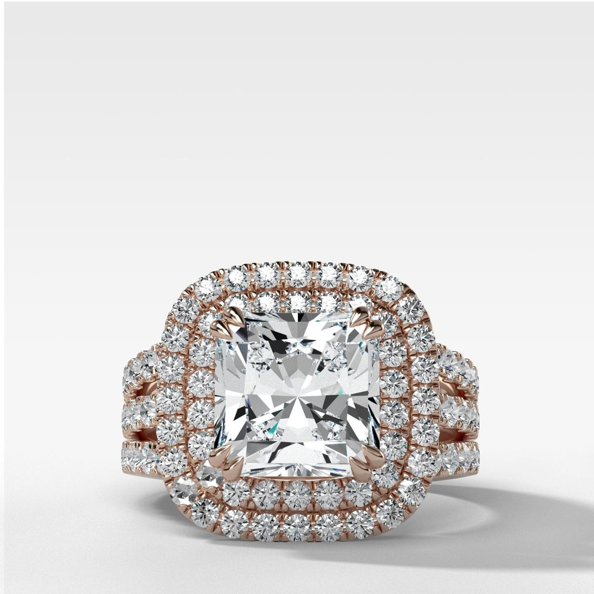 Double Halo Triple Shank Engagement Ring With Radiant Cut Diamond - GOODSTONE