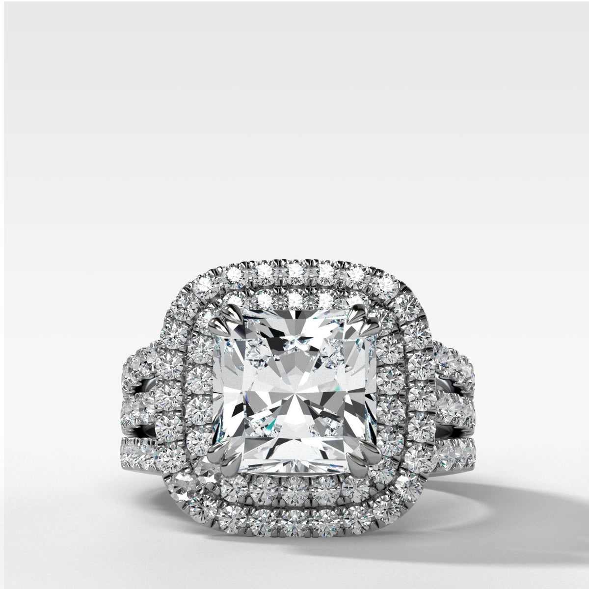 Double Halo Triple Shank Engagement Ring With Radiant Cut Diamond - GOODSTONE