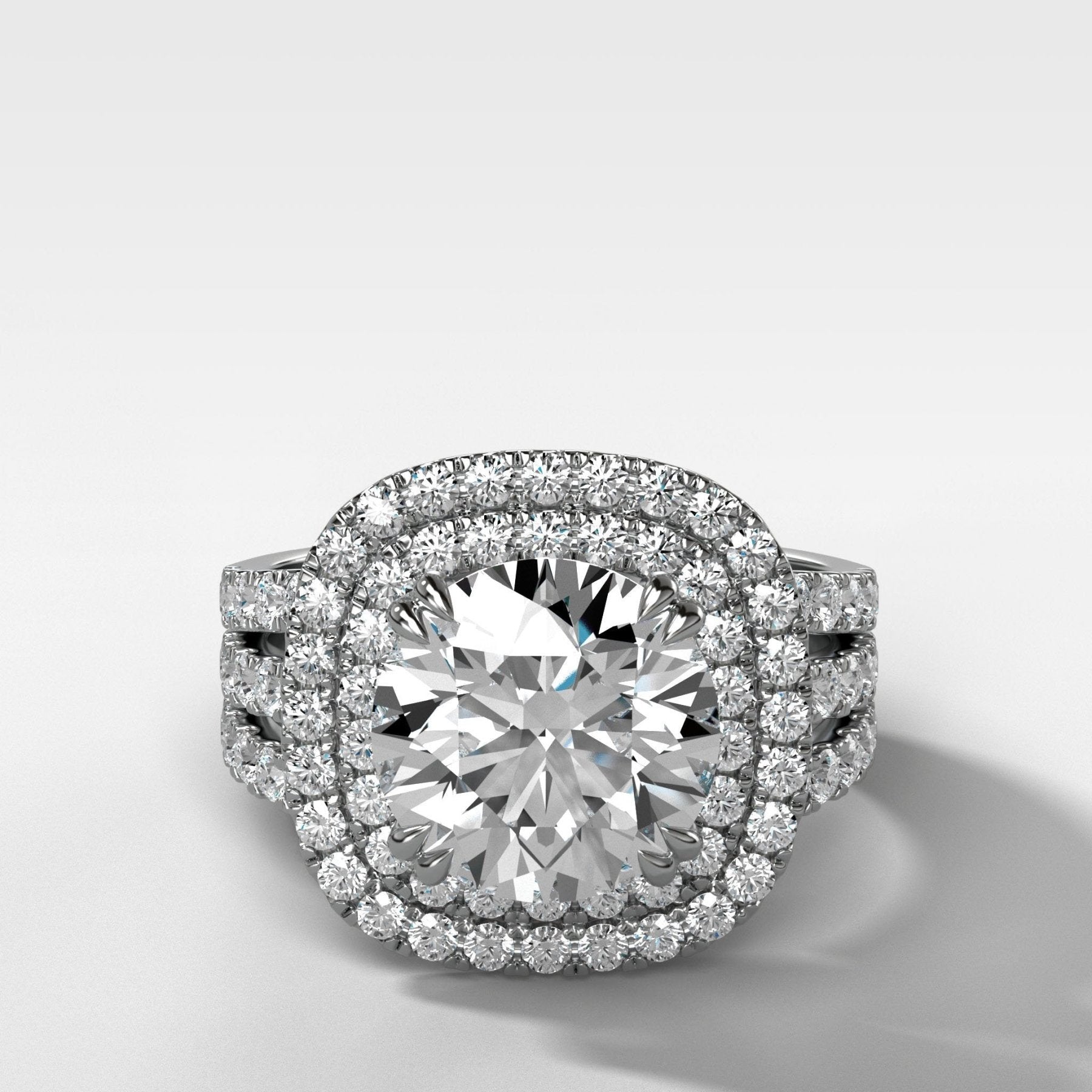Double Halo Triple Shank Engagement Ring With Round Cut Diamond - GOODSTONE