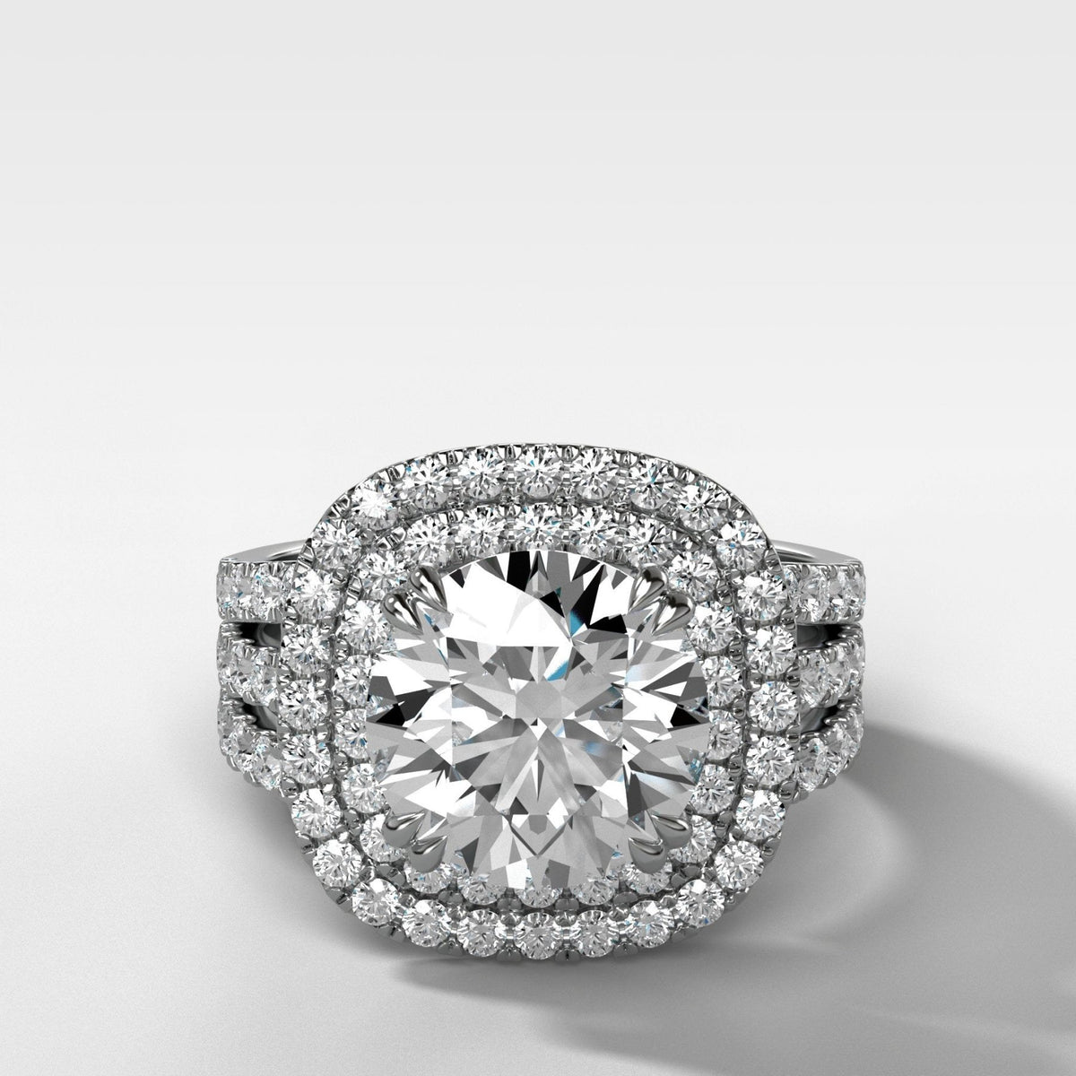 Double Halo Triple Shank Engagement Ring With Round Cut Diamond - GOODSTONE