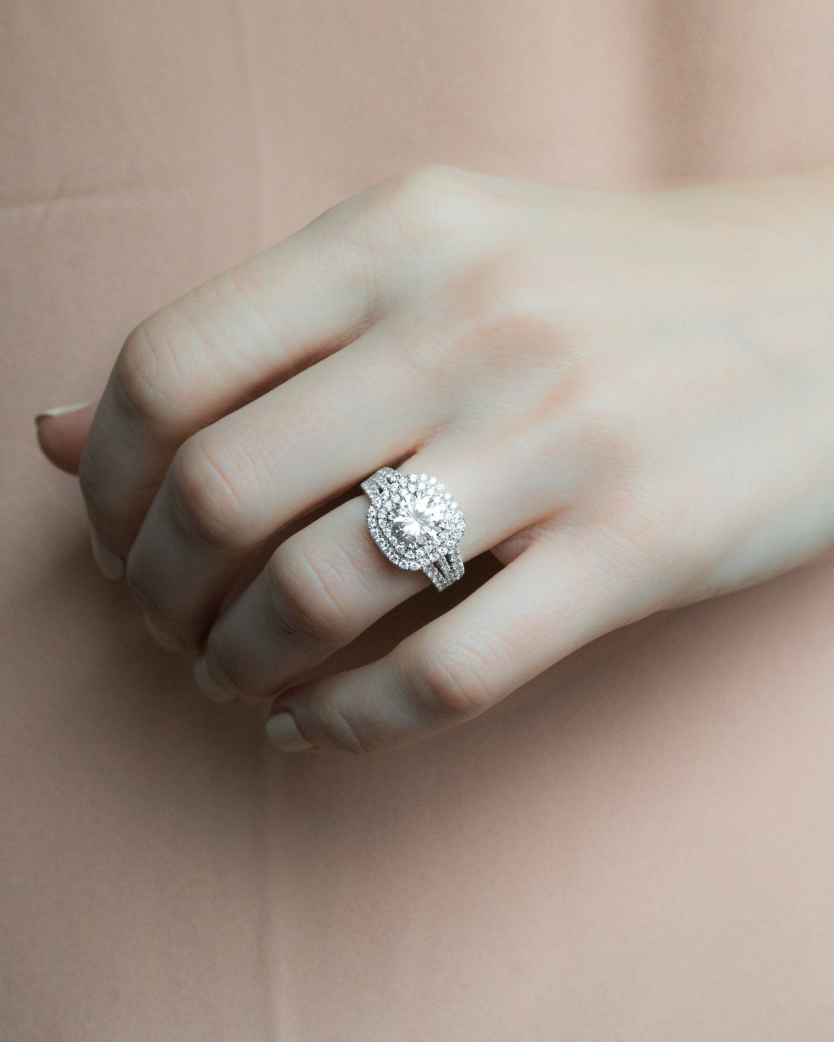 Double Halo Triple Shank Engagement Ring With Round Cut Diamond - GOODSTONE