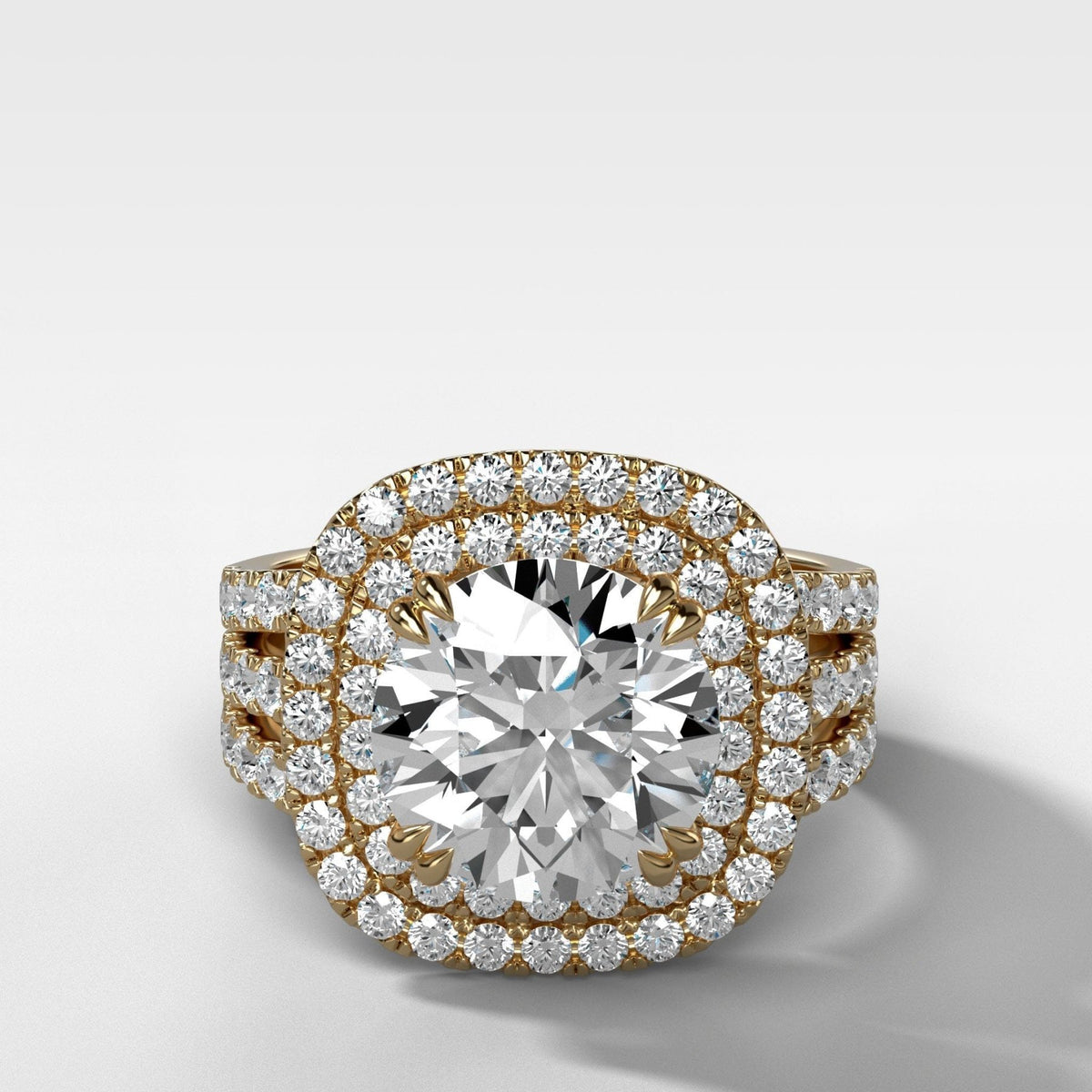 Double Halo Triple Shank Engagement Ring With Round Cut Diamond - GOODSTONE