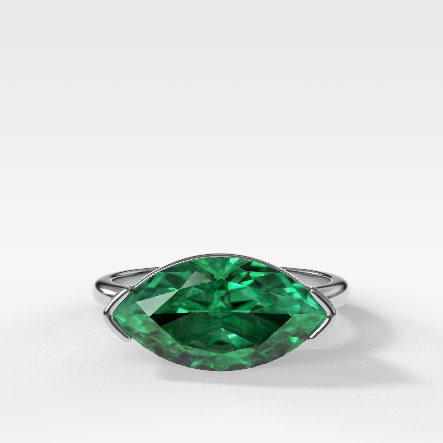 East West Half Bezel Solitaire Engagement Ring With Marquise Cut Green Emerald - GOODSTONE