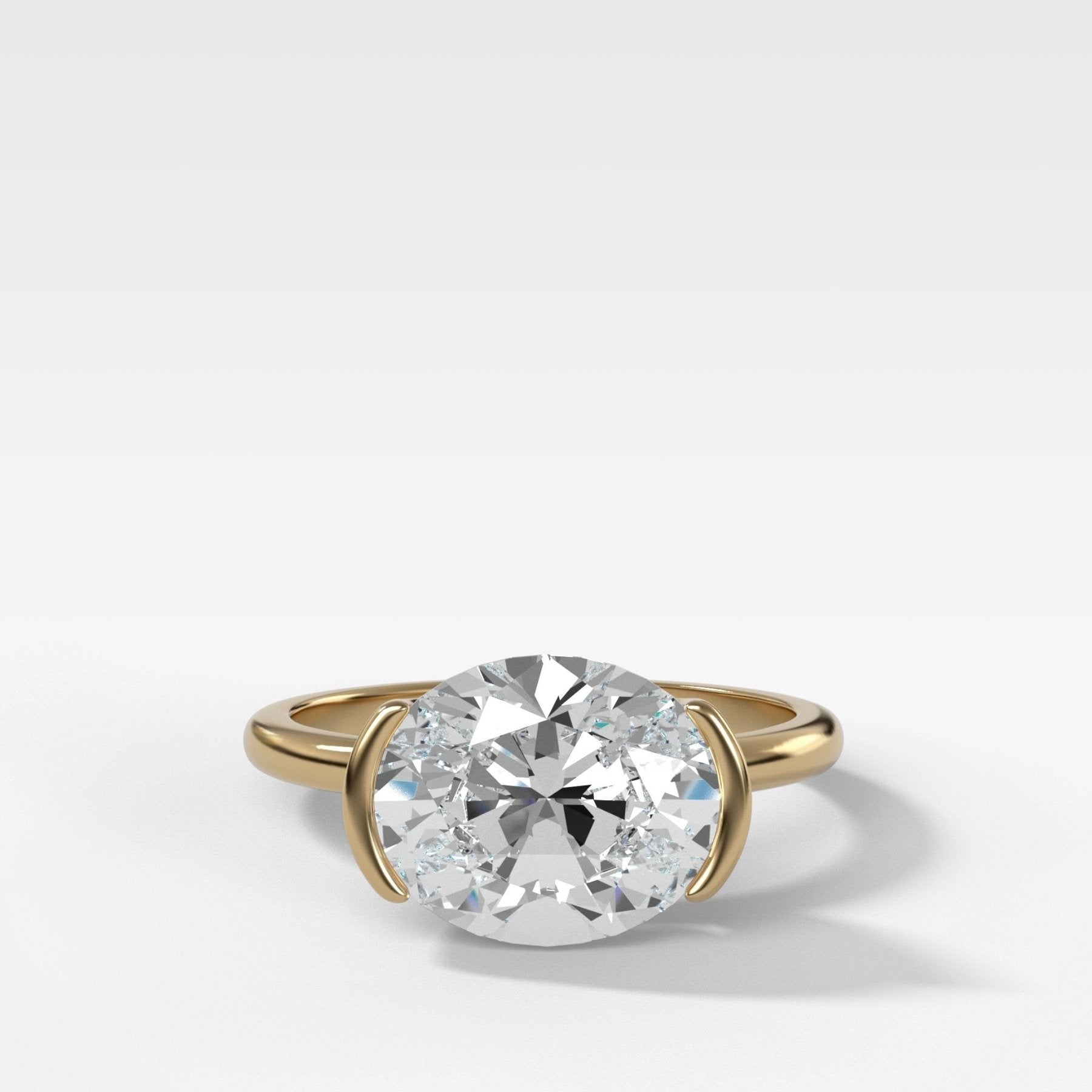 East West Half Bezel Solitaire Engagement Ring With Oval Cut Diamond - GOODSTONE