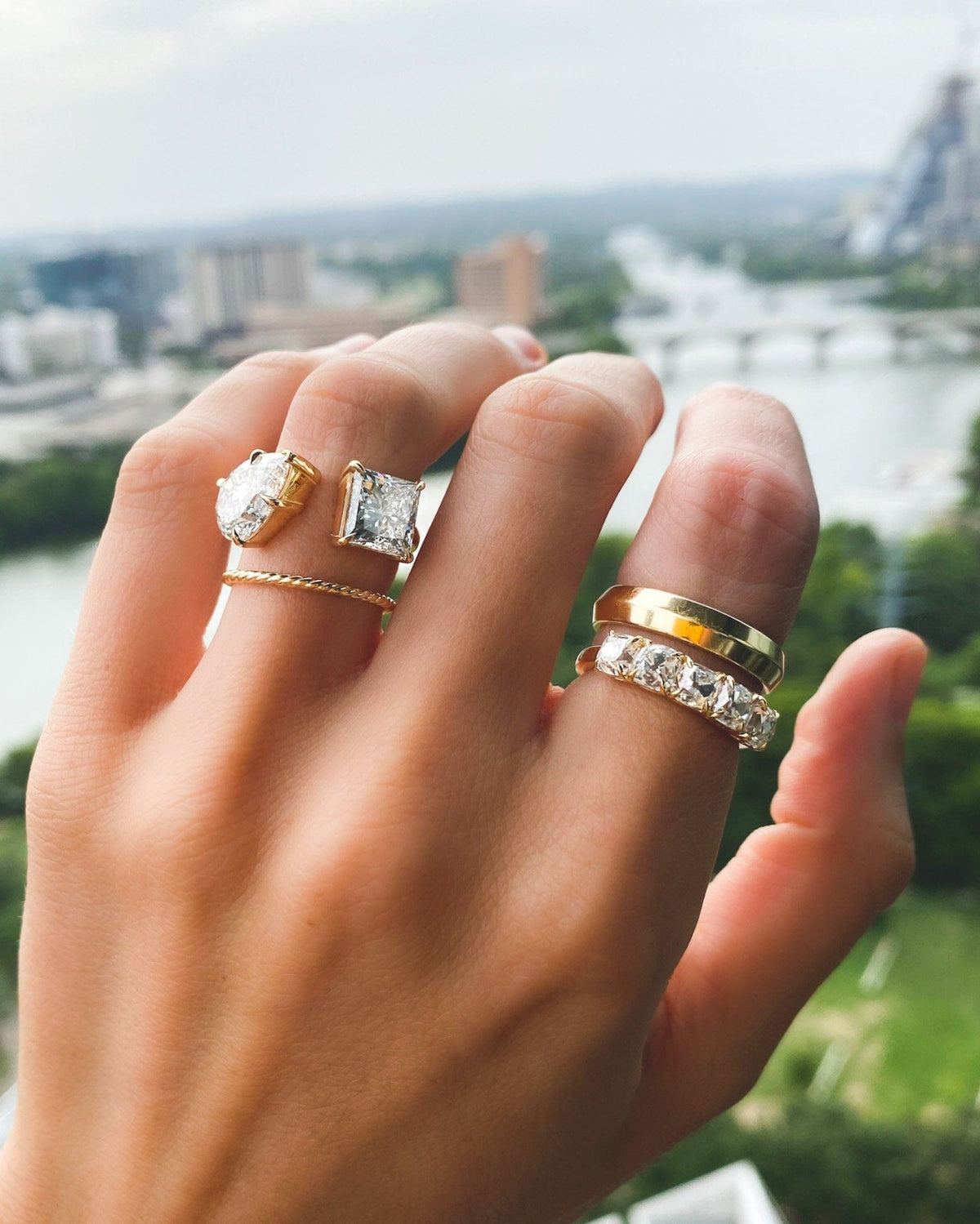 Five Stone Claw Set Diamond Wedding Band with Old Mine Cuts - GOODSTONE