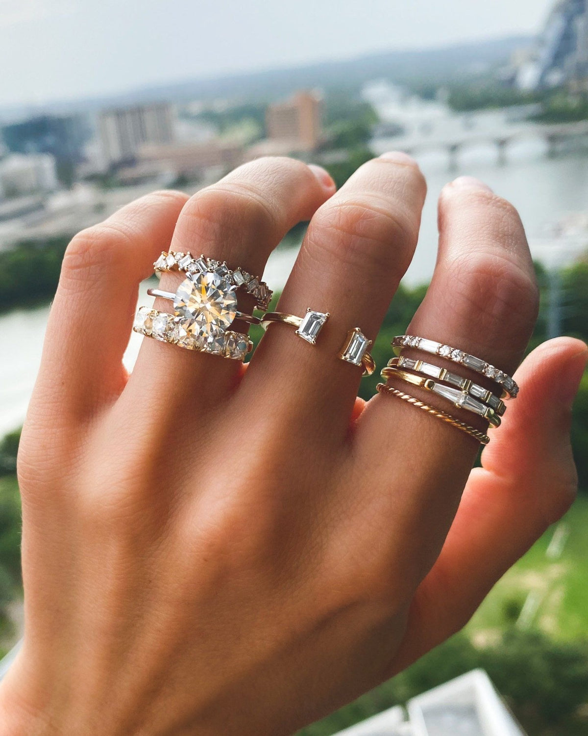 Five Stone Claw Set Diamond Wedding Band with Old Mine Cuts - GOODSTONE