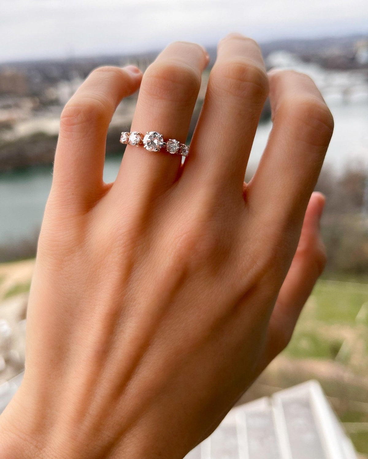 Graduated Five Stone Wedding Band with Old Euro Cut Diamonds - GOODSTONE