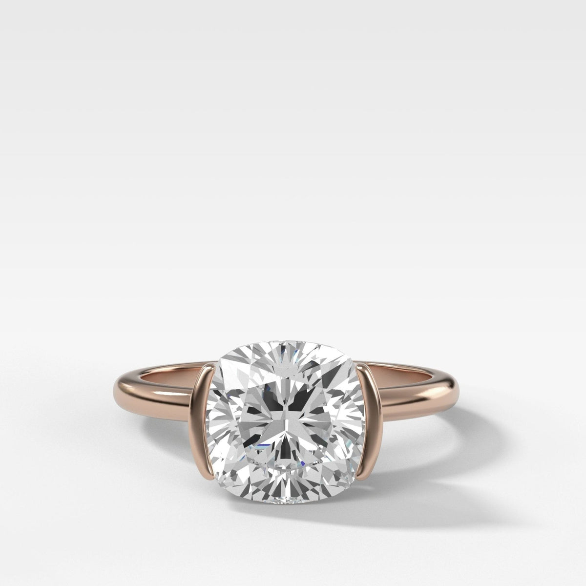 Half Bezel Solitaire Engagement Ring With Cushion Cut Diamond - GOODSTONE