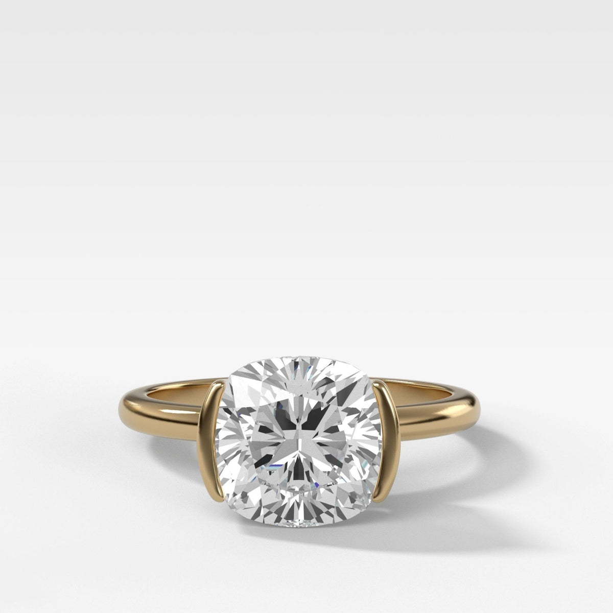Half Bezel Solitaire Engagement Ring With Cushion Cut Diamond - GOODSTONE