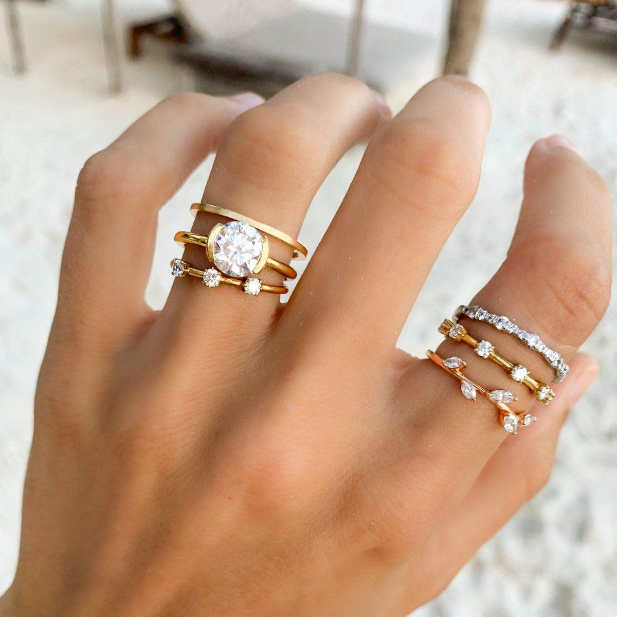 Half Bezel Solitaire Engagement Ring With Round Cut Diamond - GOODSTONE