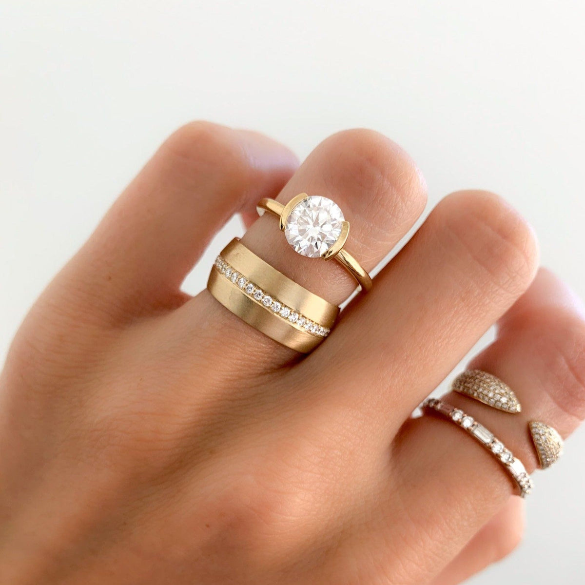 Half Bezel Solitaire Engagement Ring With Round Cut Diamond - GOODSTONE