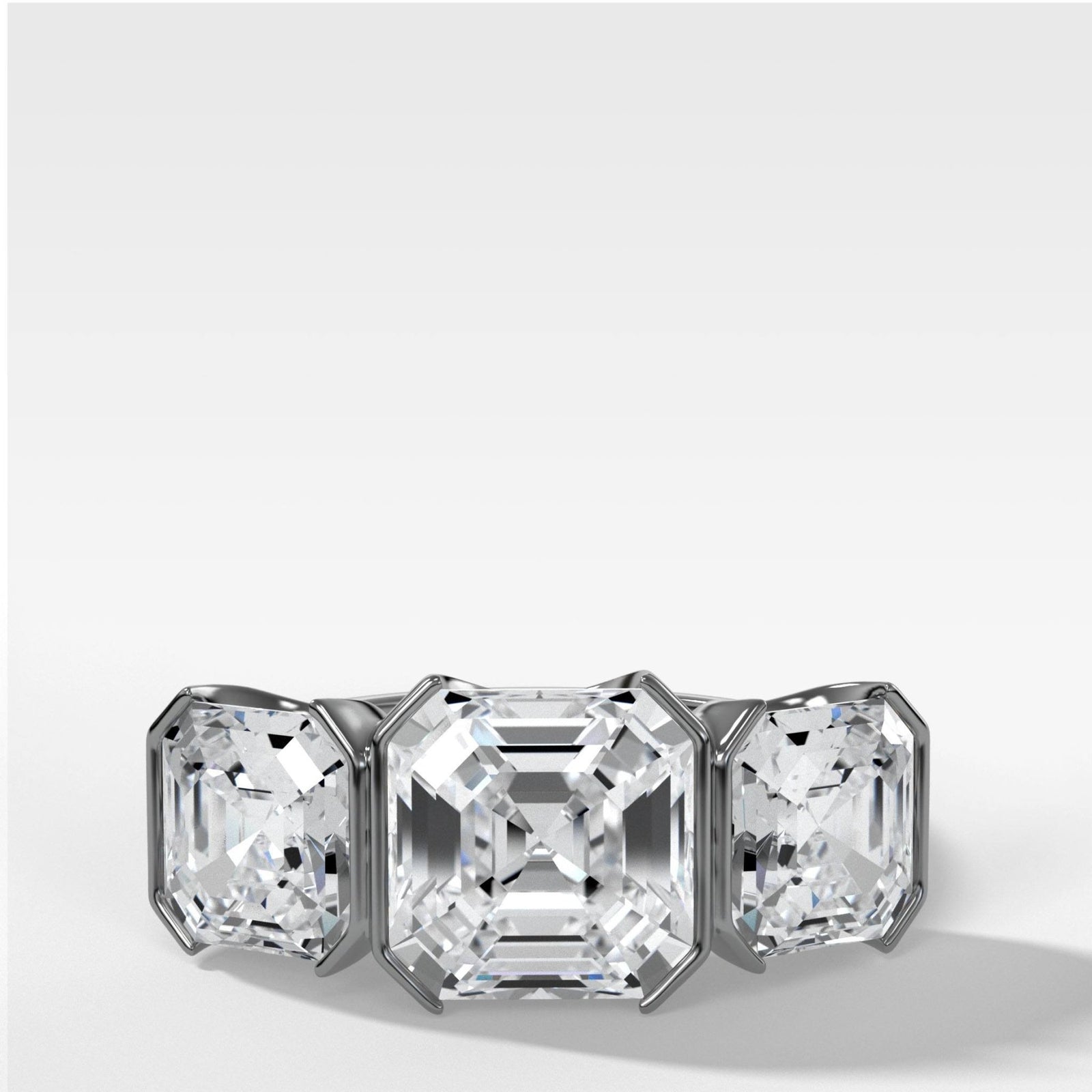 Half Bezel Triad Engagement Ring With Asscher Cut Diamonds - GOODSTONE