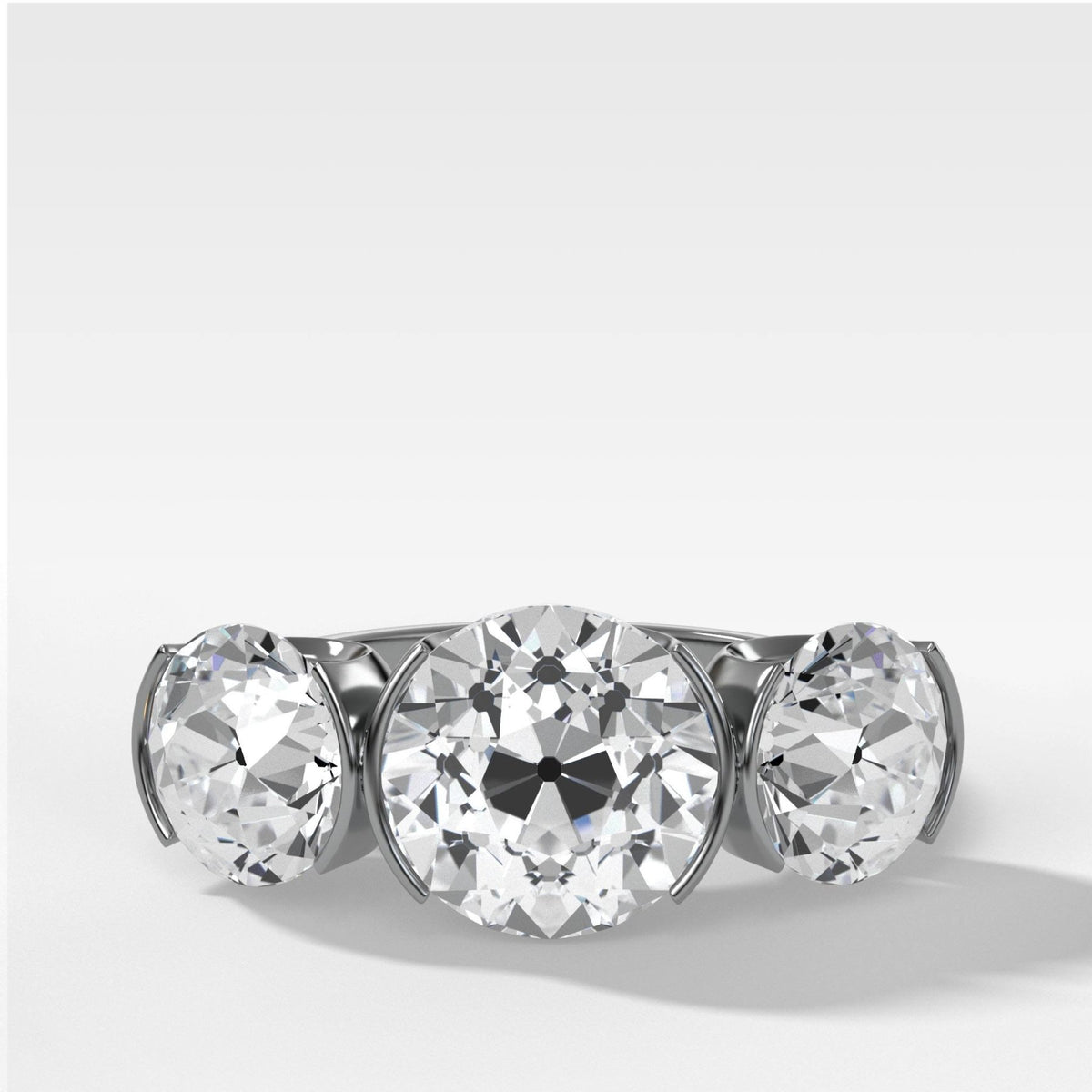 Half Bezel Triad Engagement Ring With Old Euro Cut Diamonds - GOODSTONE