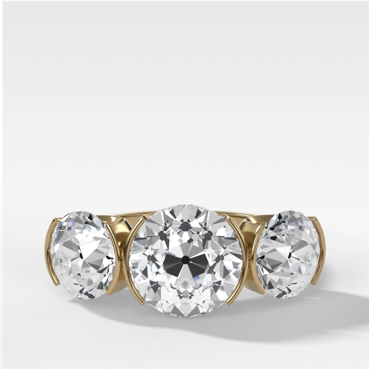 Half Bezel Triad Engagement Ring With Old Euro Cut Diamonds - GOODSTONE