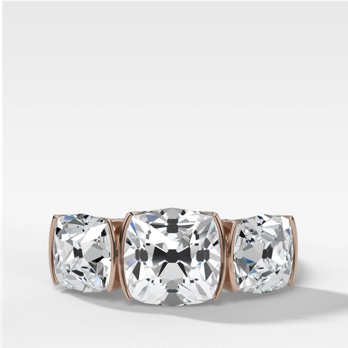 Half Bezel Triad Engagement Ring With Old Mine Cut Diamonds - GOODSTONE