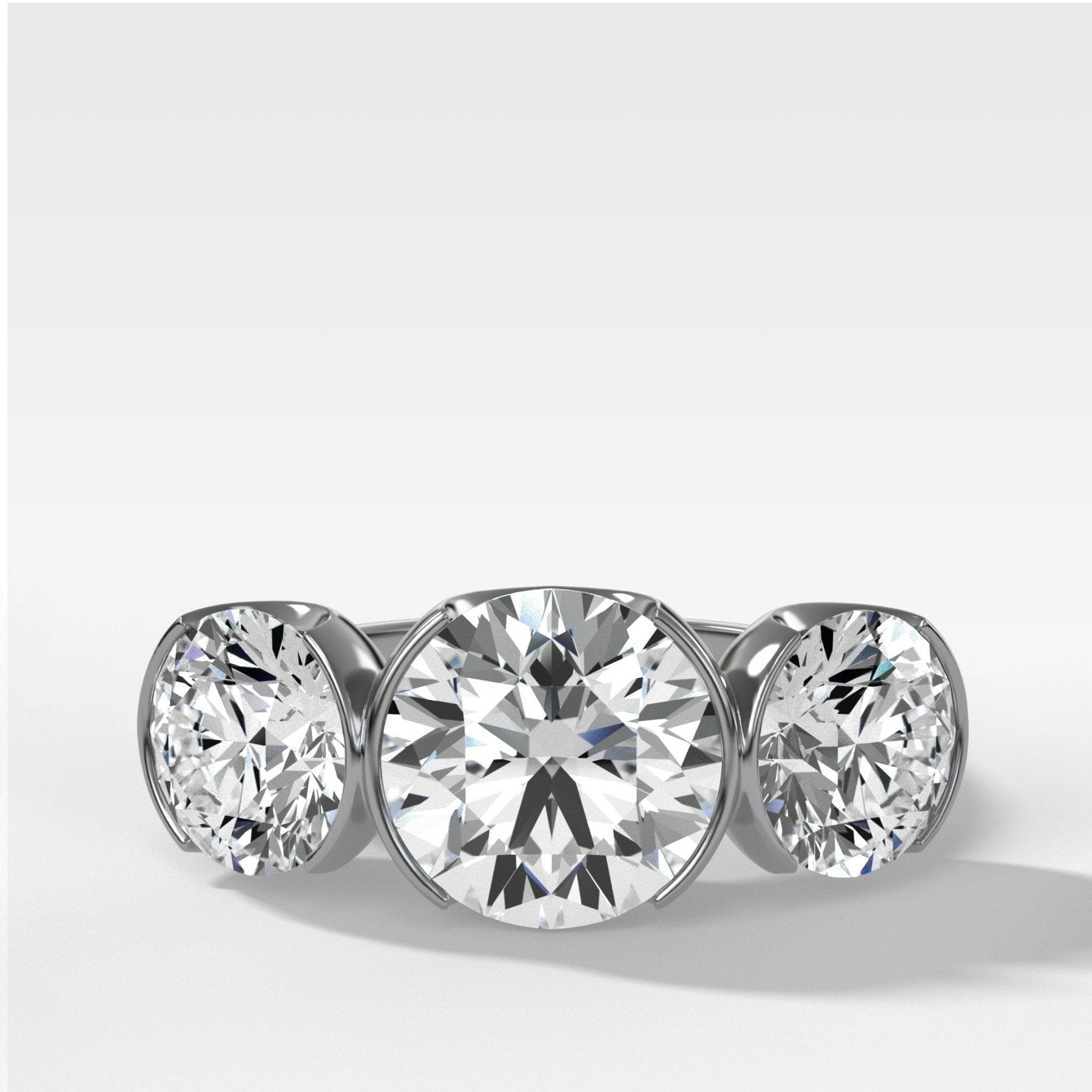 Half Bezel Triad Engagement Ring With Round Cut Diamonds - GOODSTONE