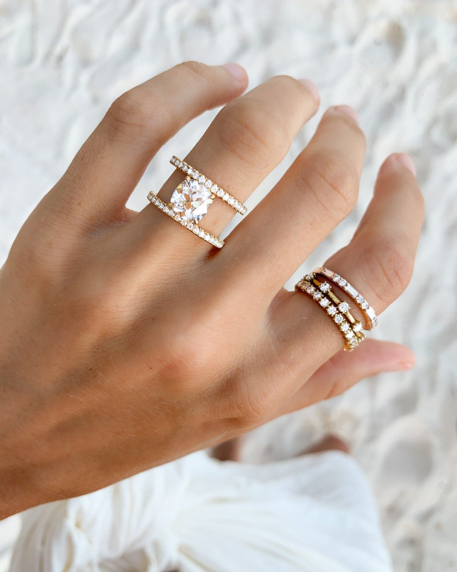 Double Row Gap Engagement Ring With Old Mine Cut by Good Stone in Yellow Gold