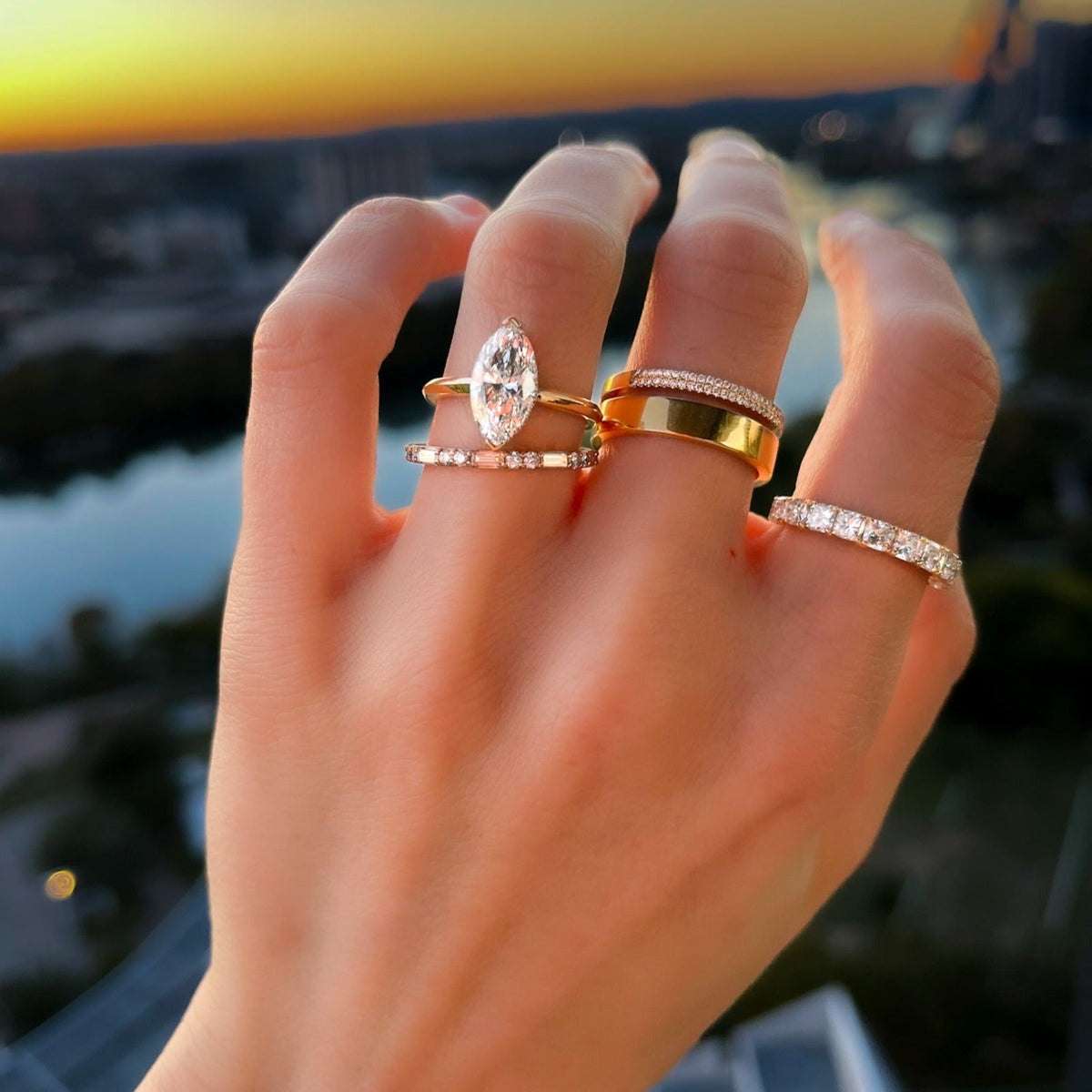 North South Half Bezel Solitaire Engagement Ring With Marquise Cut Diamond - GOODSTONE