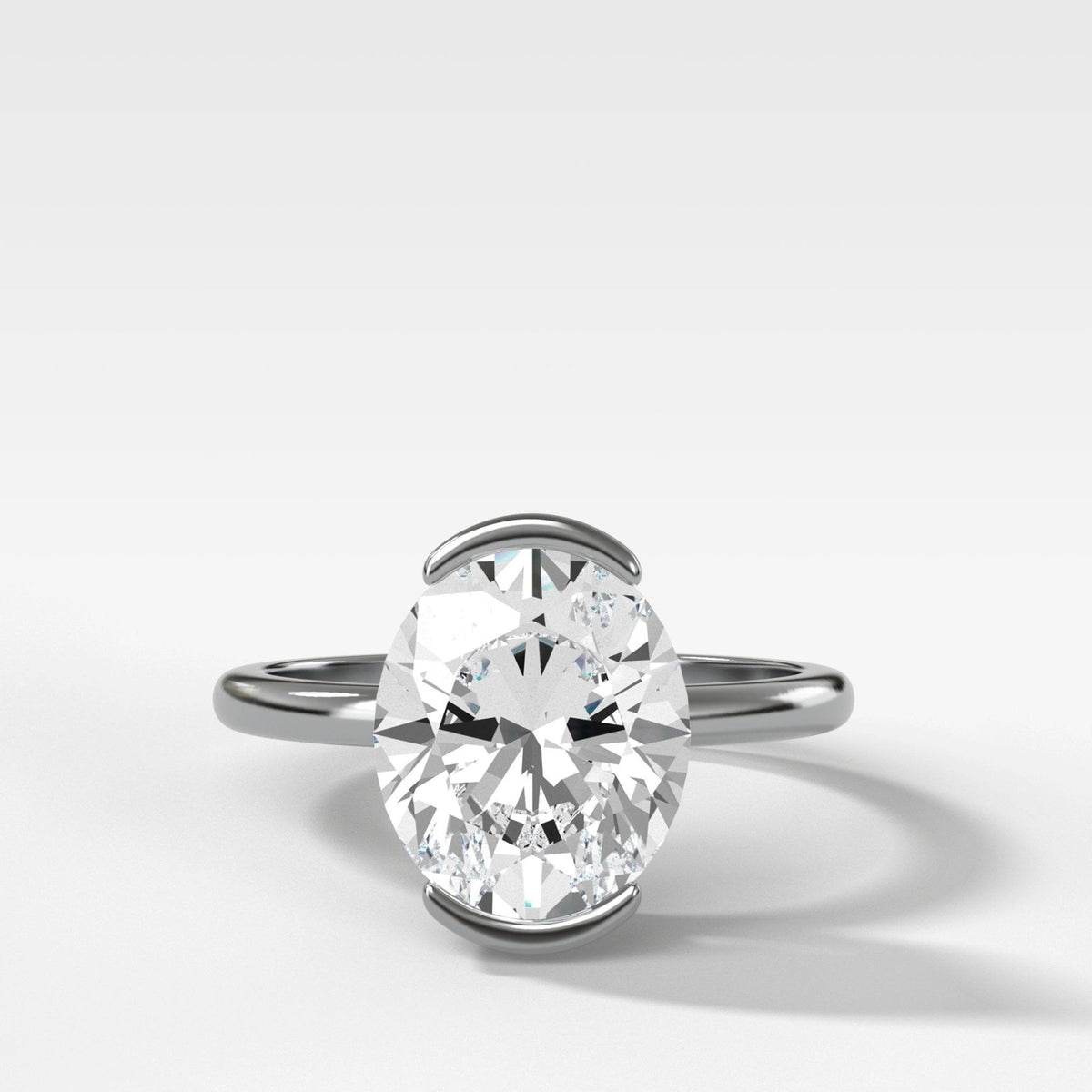 North South Half Bezel Solitaire Engagement Ring With Oval Cut Diamond - GOODSTONE