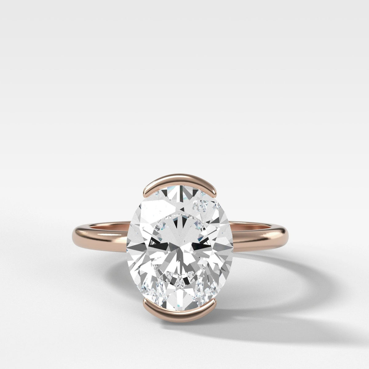 North South Half Bezel Solitaire Engagement Ring With Oval Cut Diamond - GOODSTONE