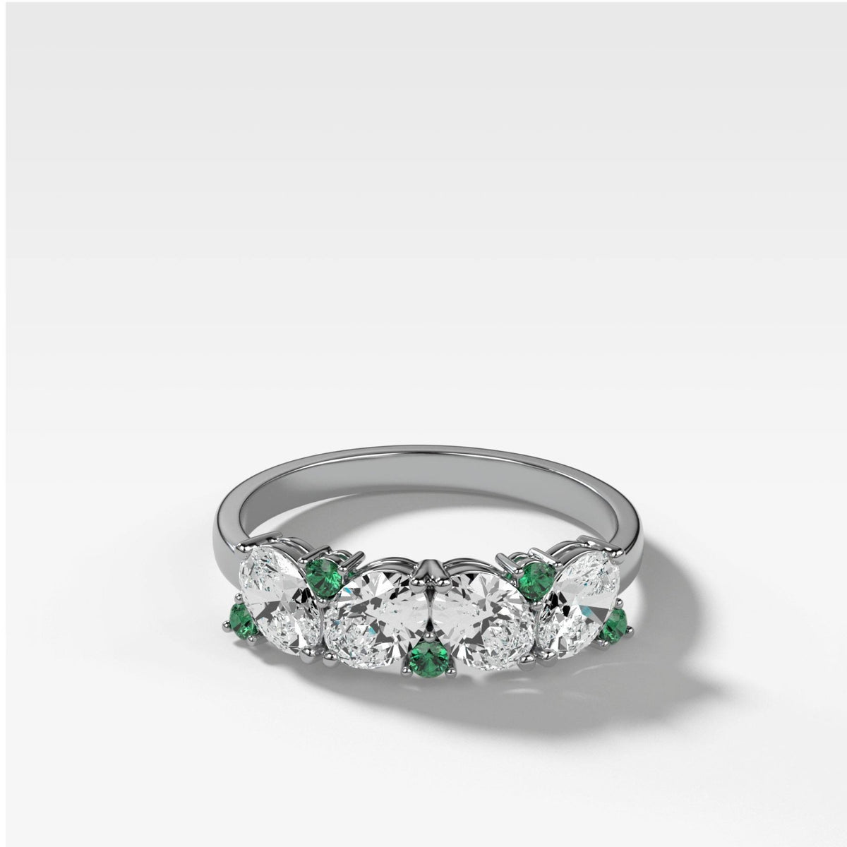 Oval Diamond And Green Emerald Medley Halfway Wedding Band - GOODSTONE