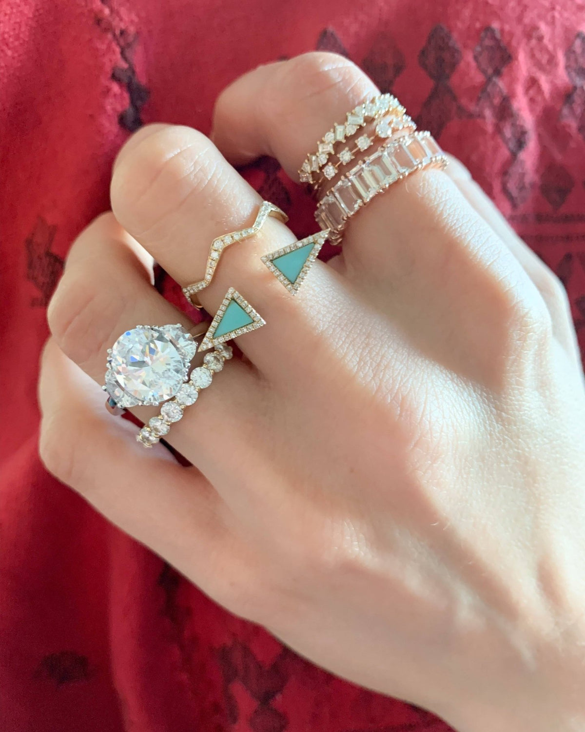 Oval Three Stone Engagement Ring With Half Moon Side Stones - GOODSTONE