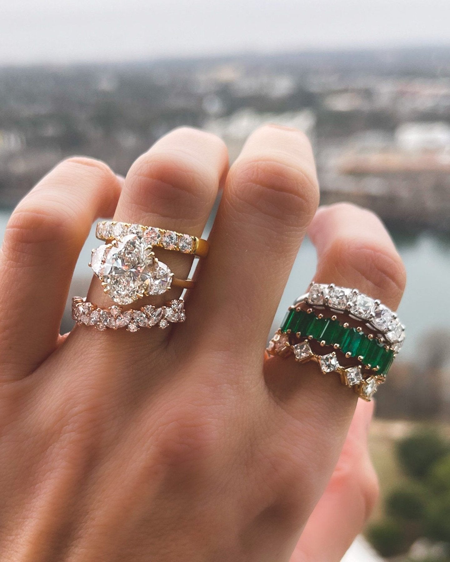 Oval Three Stone Engagement Ring With Half Moon Side Stones - GOODSTONE