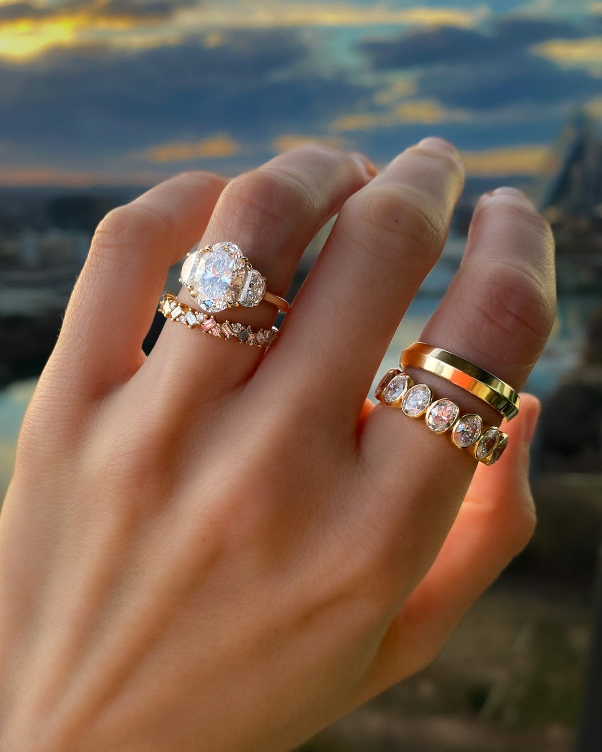 Oval Three Stone Engagement Ring With Half Moon Side Stones - GOODSTONE