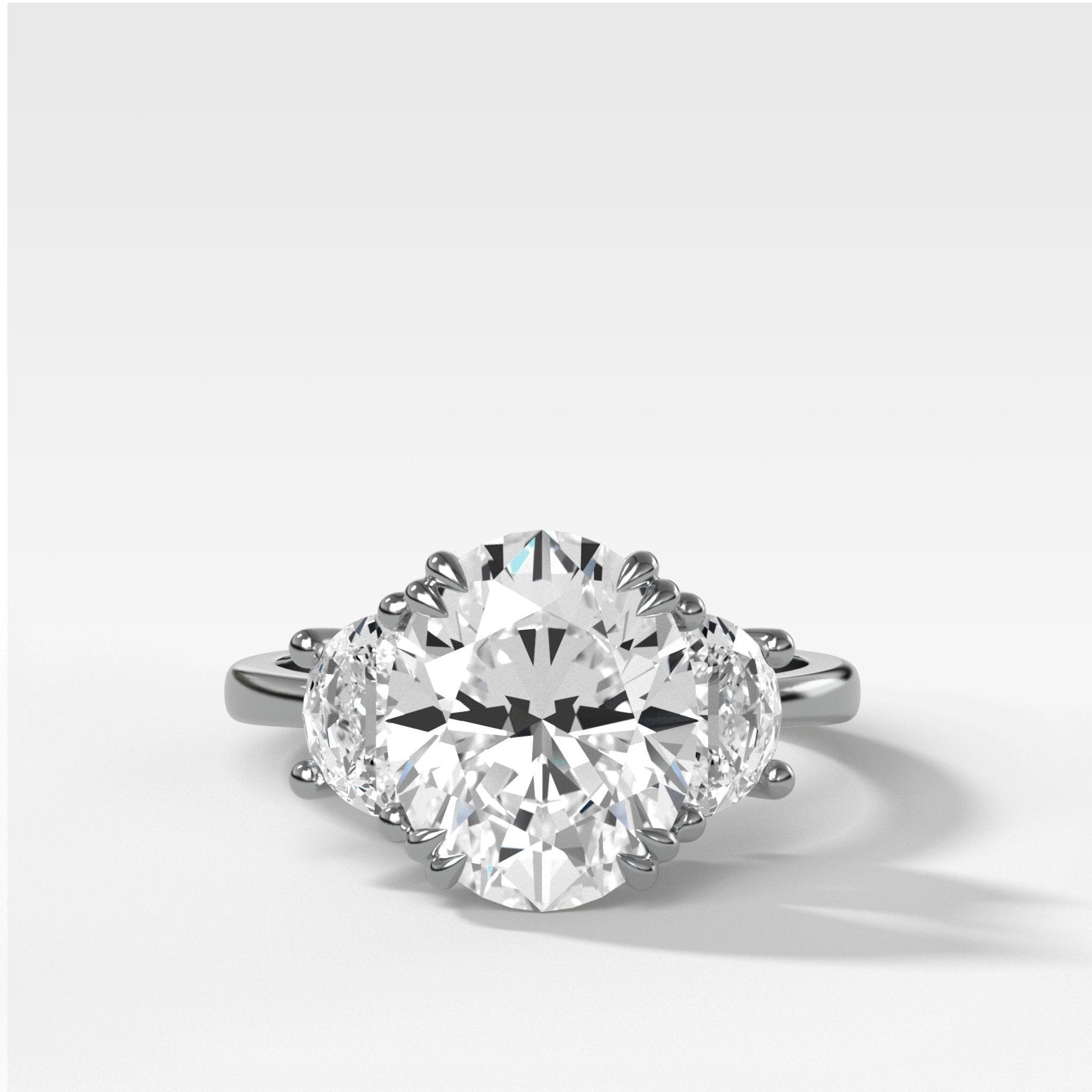Oval Three Stone Engagement Ring With Half Moon Side Stones - GOODSTONE