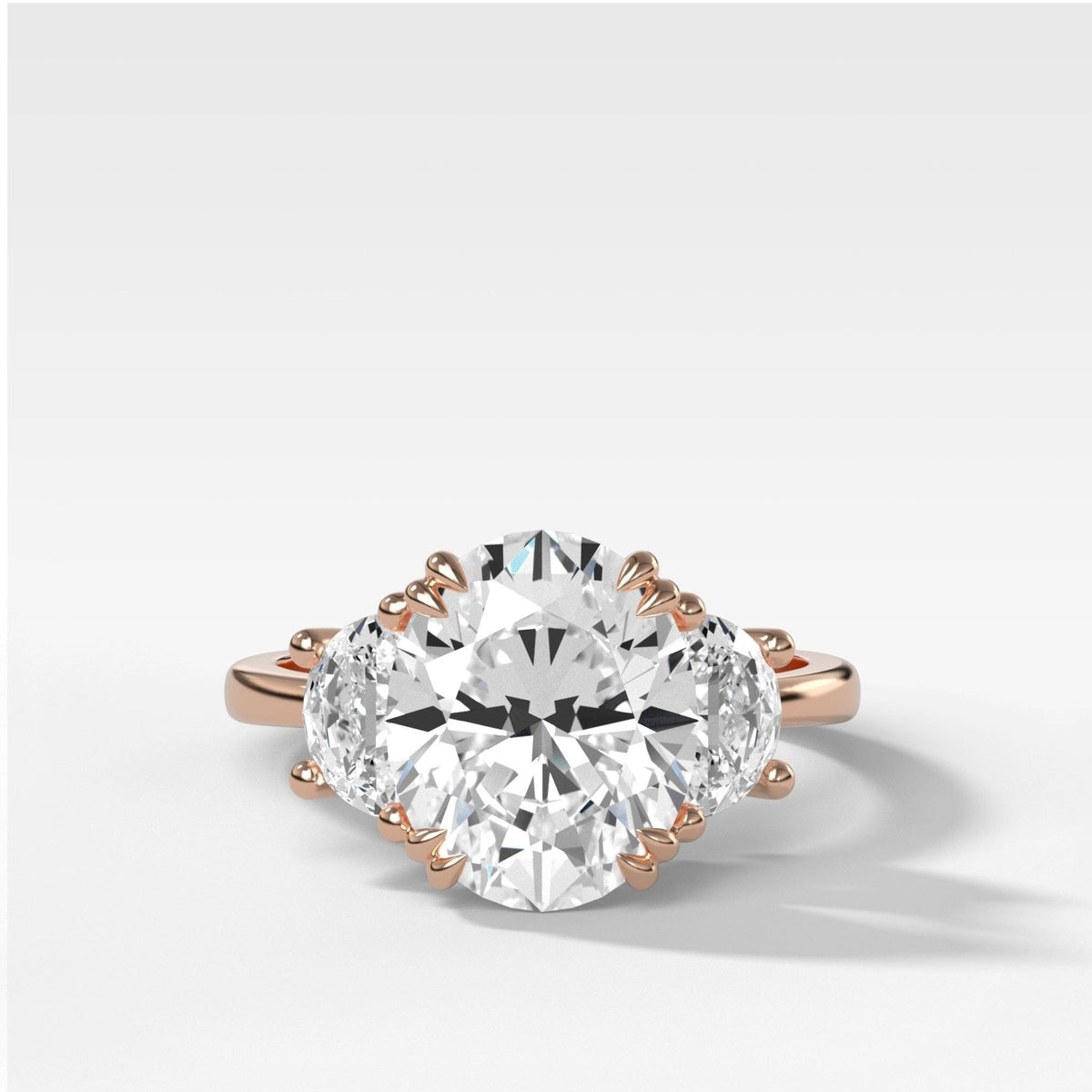 Oval Three Stone Engagement Ring With Half Moon Side Stones - GOODSTONE