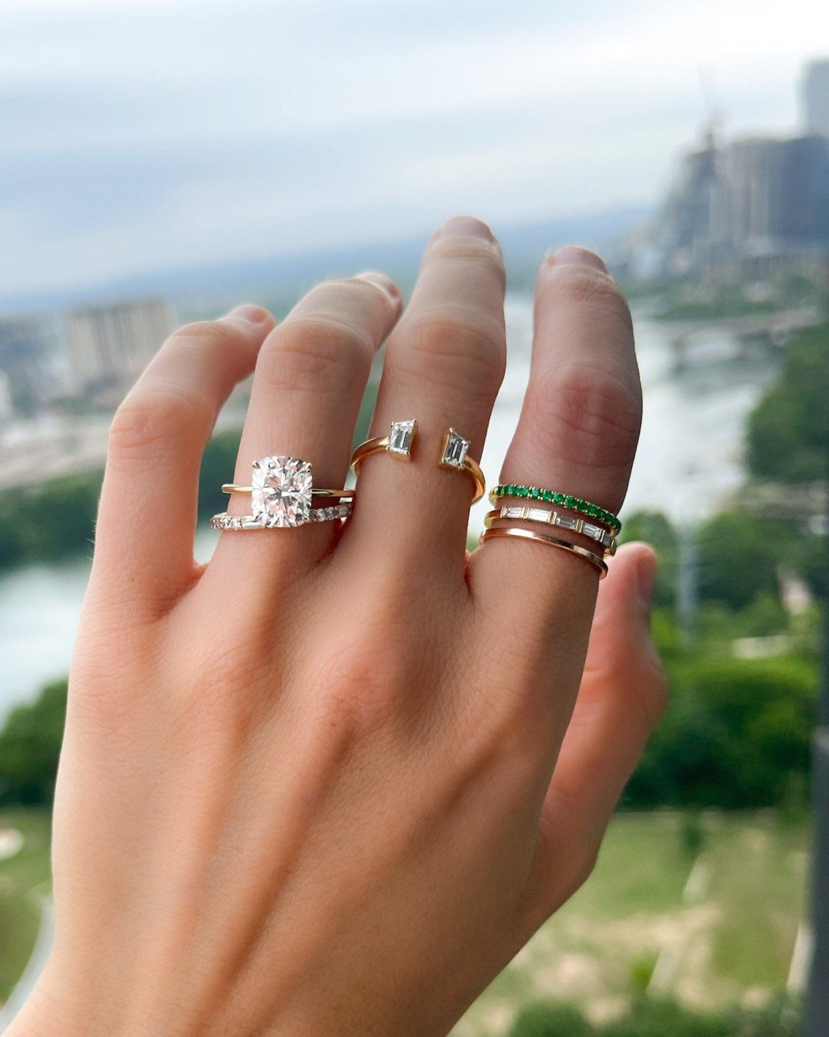 Petite French Pavé Wedding Band With Green Emeralds - GOODSTONE