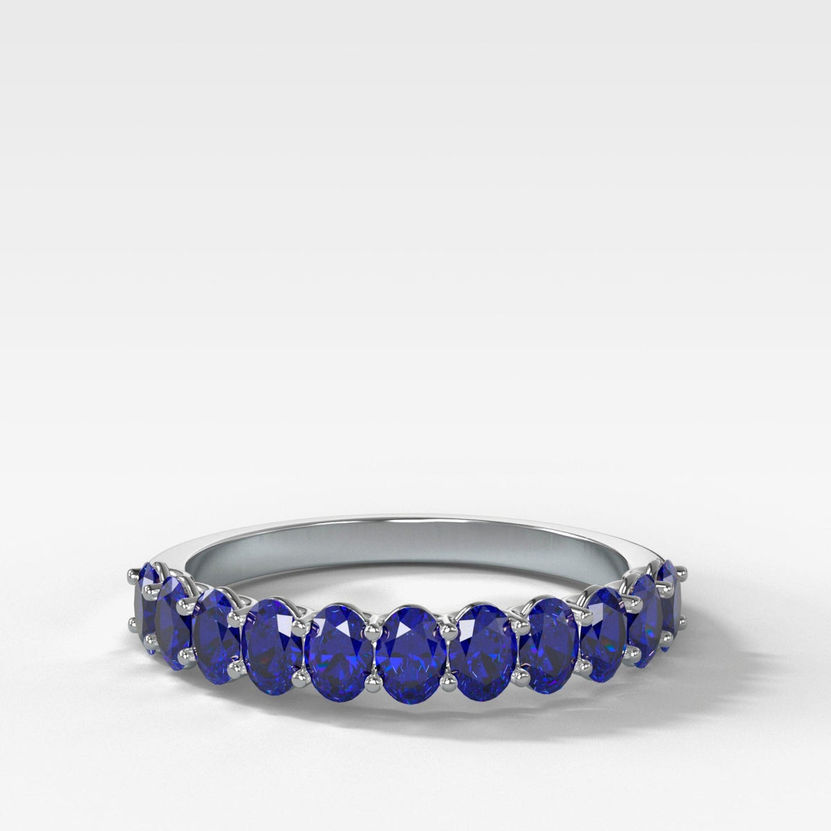 Petite Shared Prong Wedding Band with Blue Sapphire Oval Gemstones - GOODSTONE