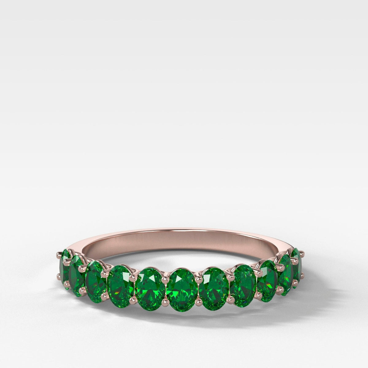 Petite Shared Prong Wedding Band with Green Emerald Oval Gemstones - GOODSTONE