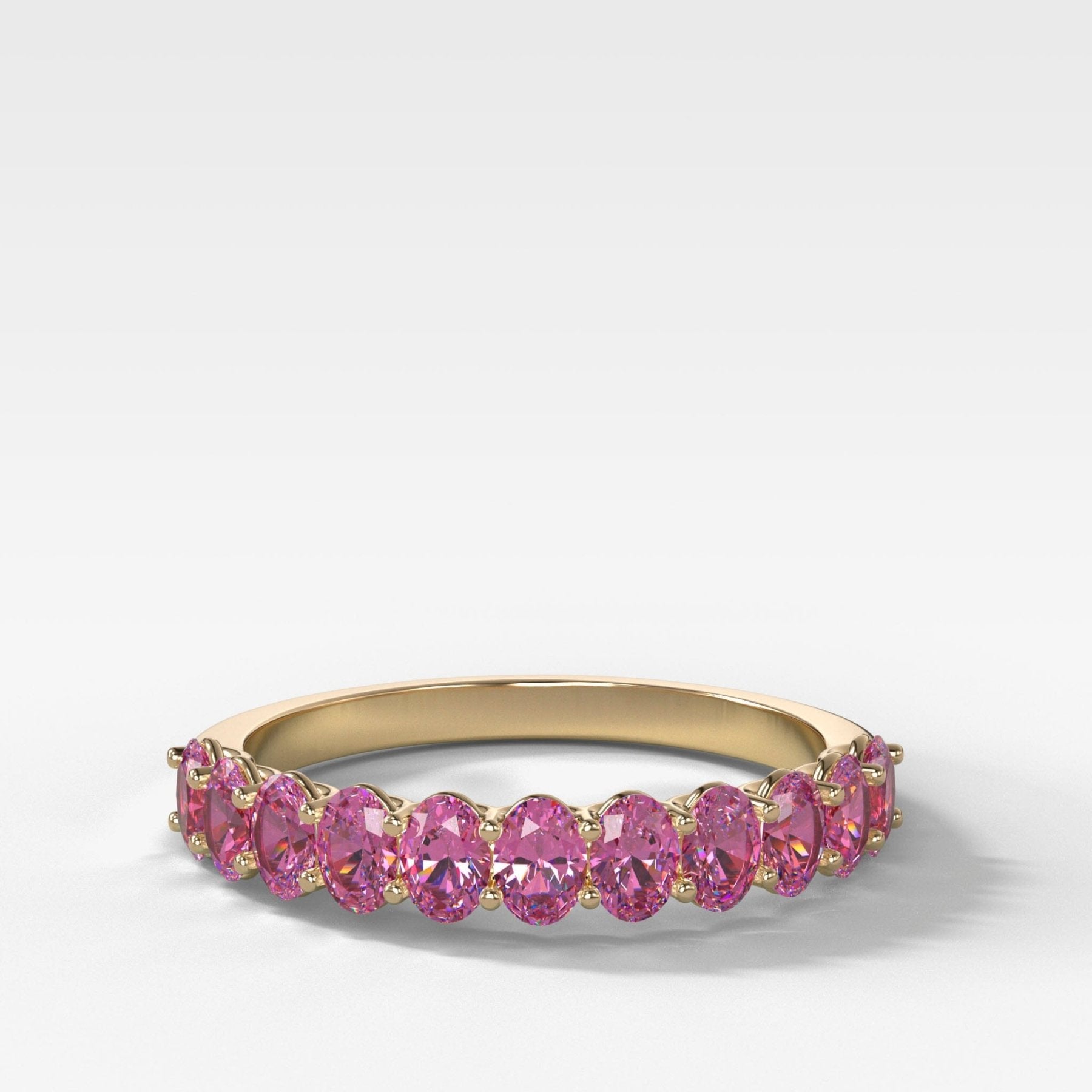 Petite Shared Prong Wedding Band with Pink Sapphire Oval Gemstones - GOODSTONE
