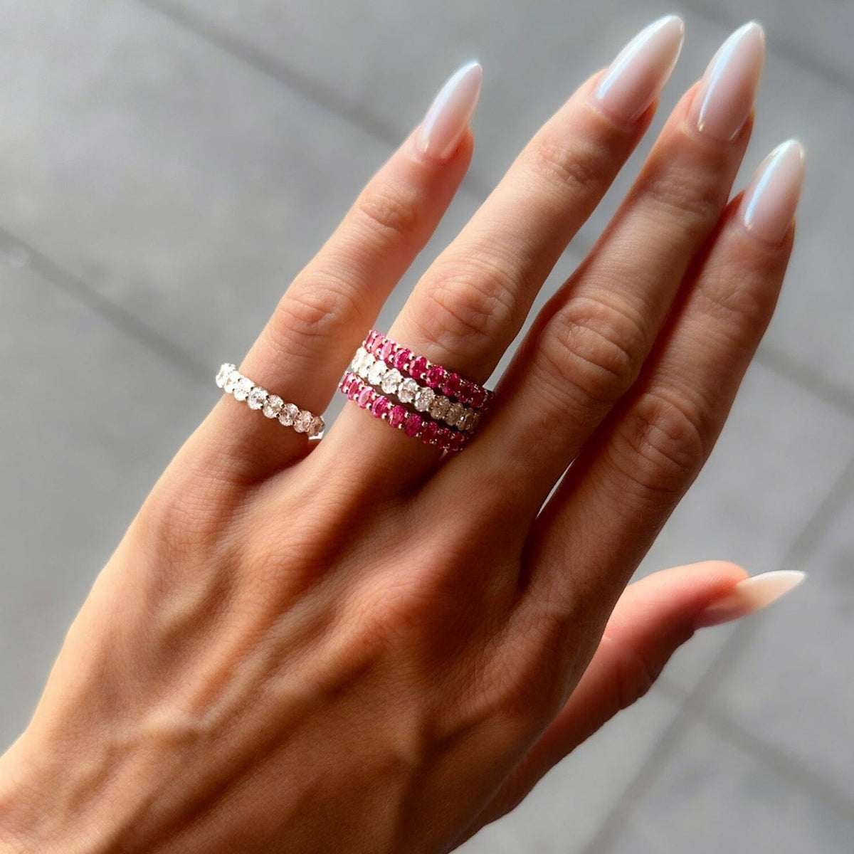 Petite Shared Prong Wedding Band with Red Ruby Oval Gemstones - GOODSTONE