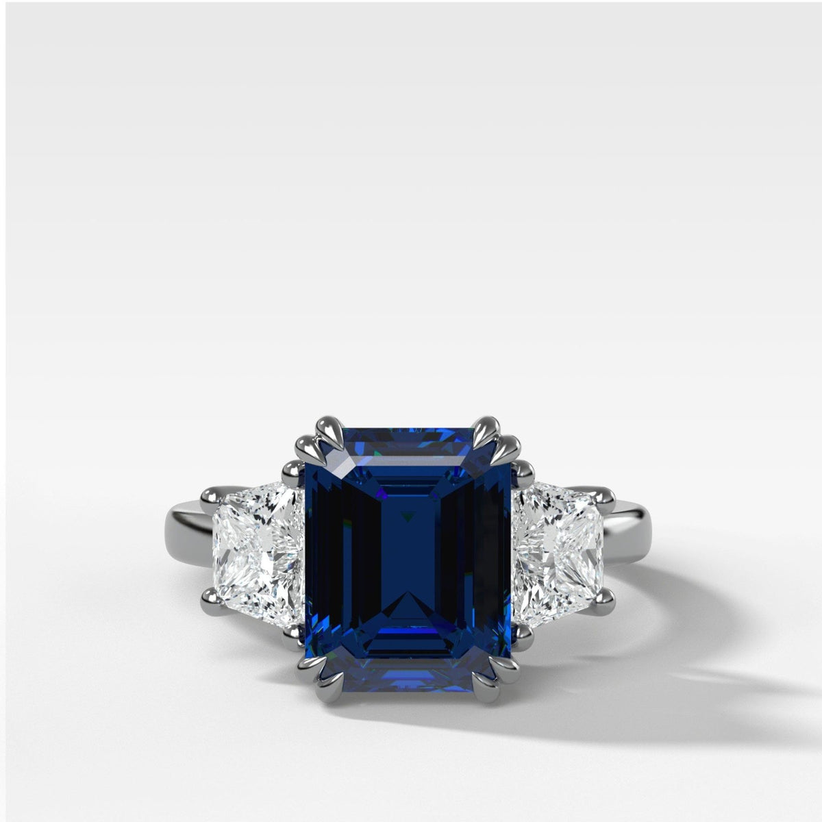 Sapphire Emerald Cut With Trapezoid Side Stone Engagement Ring - GOODSTONE
