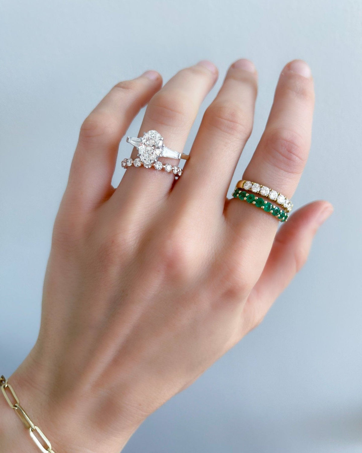 Shared Prong Wedding Band With Green Emeralds - GOODSTONE