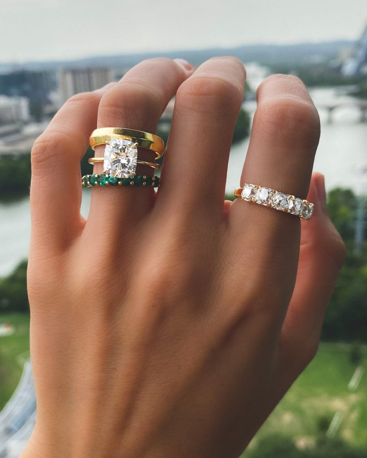 Shared Prong Wedding Band With Green Emeralds - GOODSTONE
