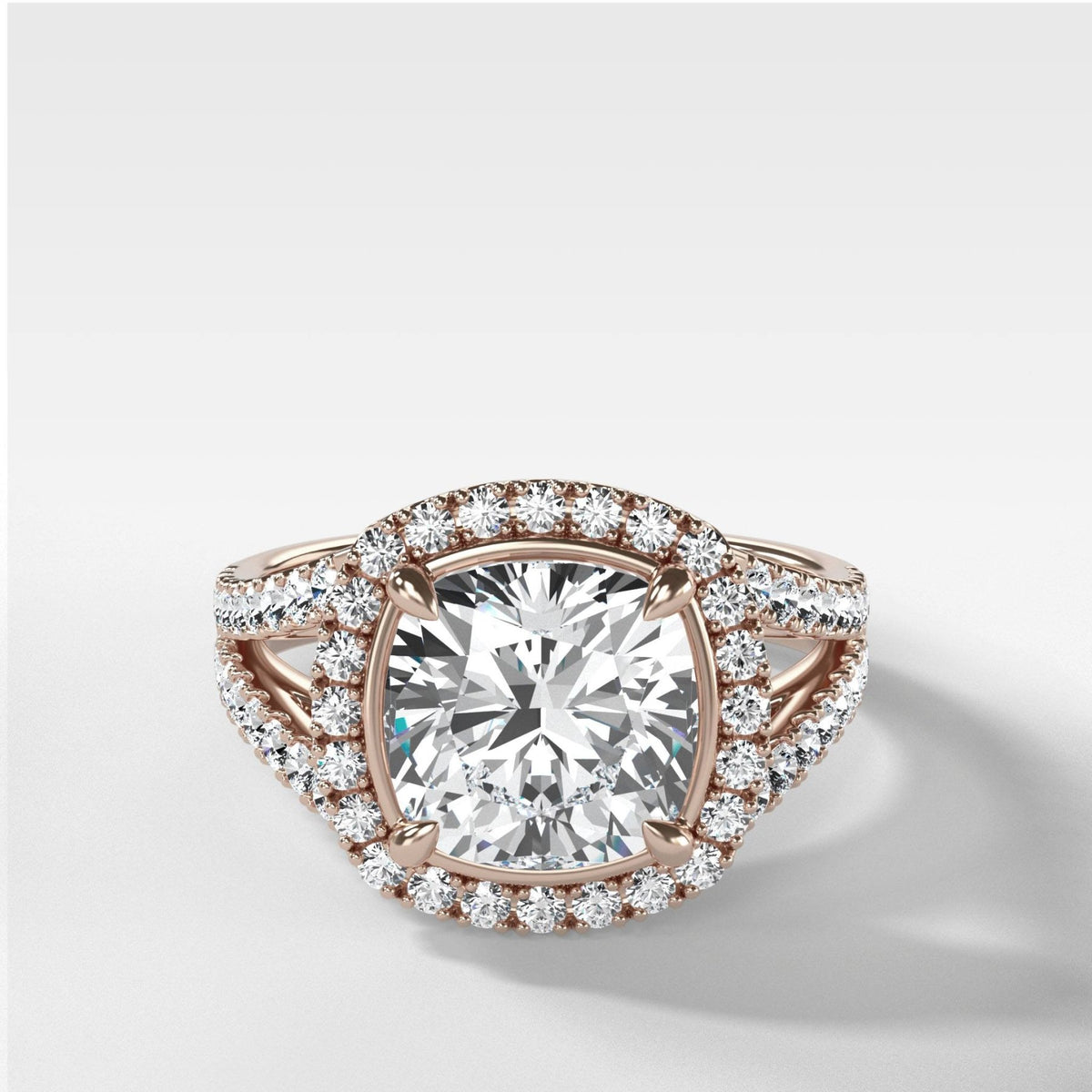 Split Shank Halo Engagement Ring With Cushion Cut Diamond - GOODSTONE
