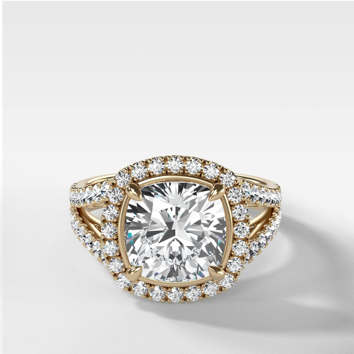 Split Shank Halo Engagement Ring With Cushion Cut Diamond - GOODSTONE
