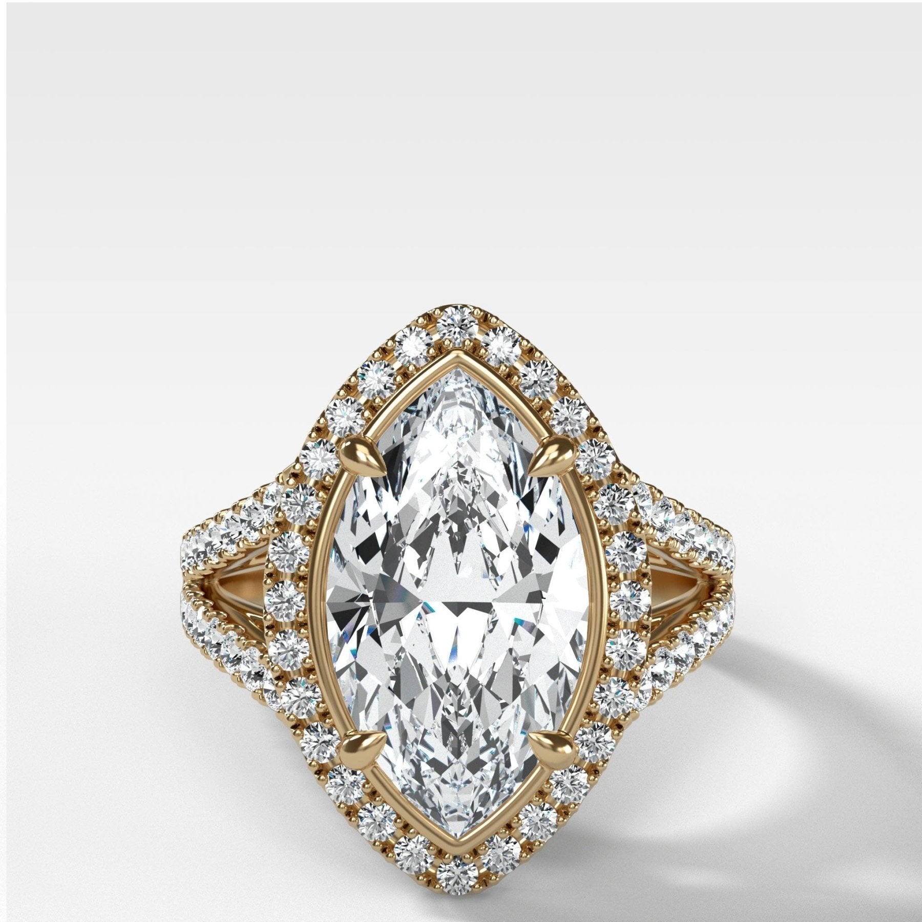 Split Shank Halo Engagement Ring With Marquise Cut Diamond